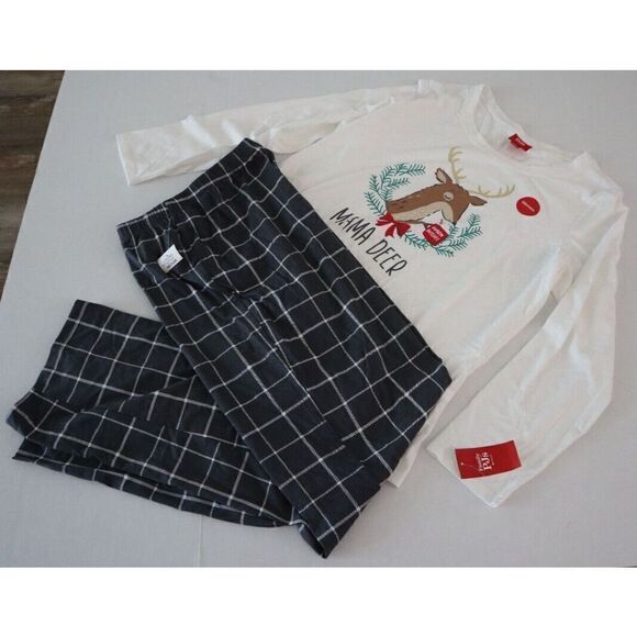 Family Pajamas Women's Sz Medium White/Gray Plaid Mama Deer Mix It 2-Piece Set - Picture 7 of 10